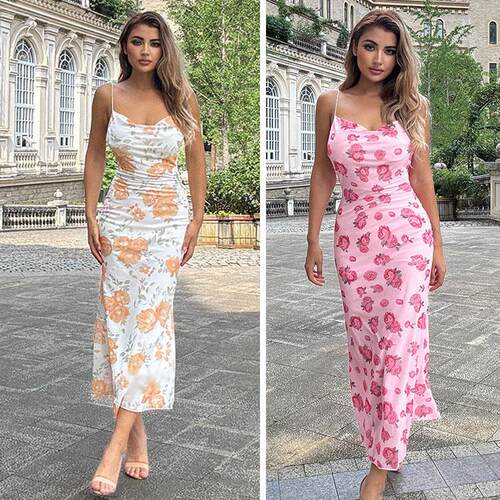 Women's printed long skirt with suspender dress