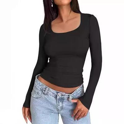 Women White Square Neck Long Sleeve Slim Fit Top Solid