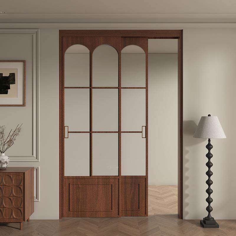 木以森居铝合金法式中古风地吊轨移门阳台厨房胡桃木老钢窗推拉门