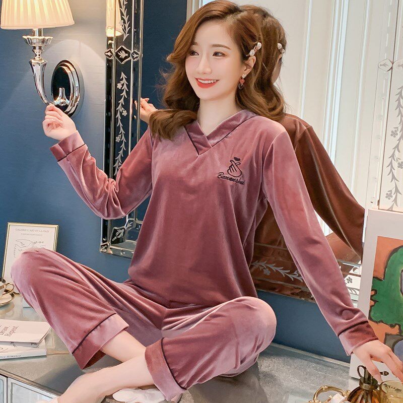 可外穿睡衣女士春秋冬季金丝绒中年妈妈套装大码胖mm200斤家居服