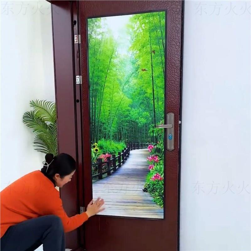 玄关装饰画入户门山水画靠山图墙贴客厅走廊过道中式挂画房门贴纸