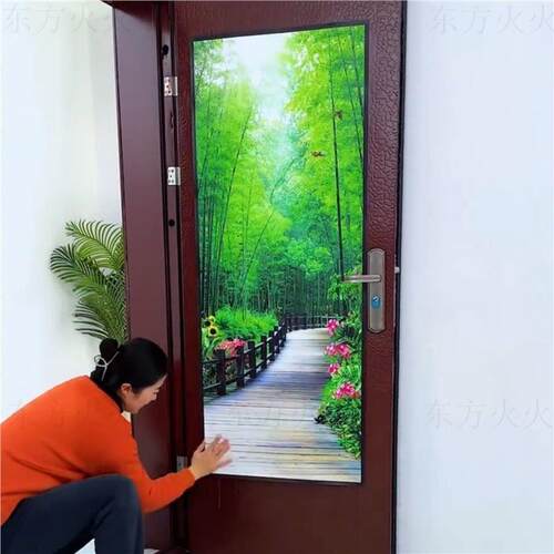 玄关装饰画入户门山水画靠山图墙贴客厅走廊过道中式挂画房门贴纸