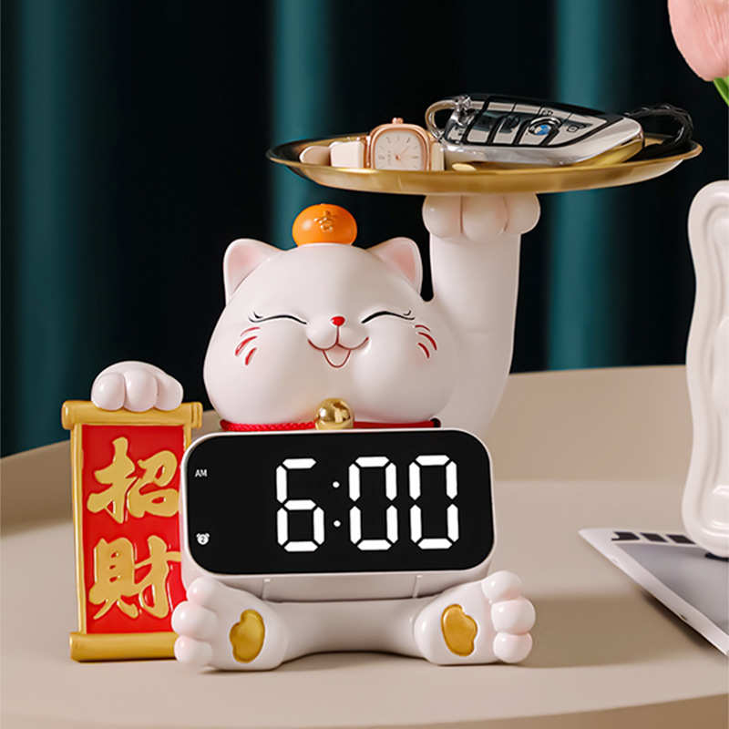 高档轻奢招财猫时钟摆件钟表摆台式创意客厅桌面电子表摆放式闹钟