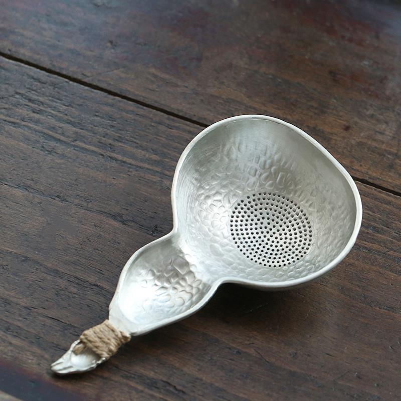 纯锡手工锤纹葫芦茶漏 茶渣过滤器 锡银葫芦瓢形功夫茶漏斗