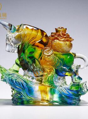 琉璃牛摆件客厅装饰品办公室酒柜家居高档聚宝盆大气公司开业礼物