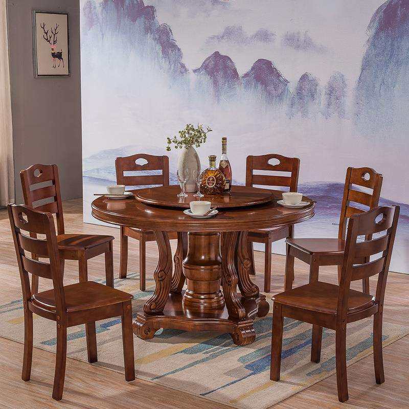 新中式实木餐桌椅组合带转盘餐桌家用1.8米2米酒店大圆桌餐桌饭桌