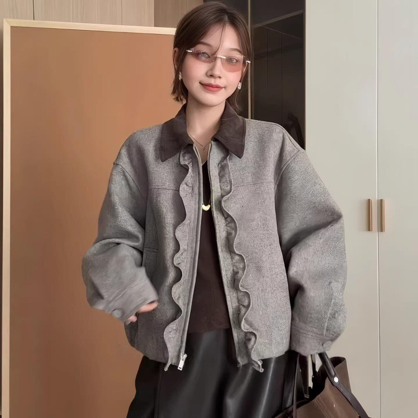 法国Rouje Moaks木耳边翻领短款毛呢外套女2026春季大码胖MM夹克