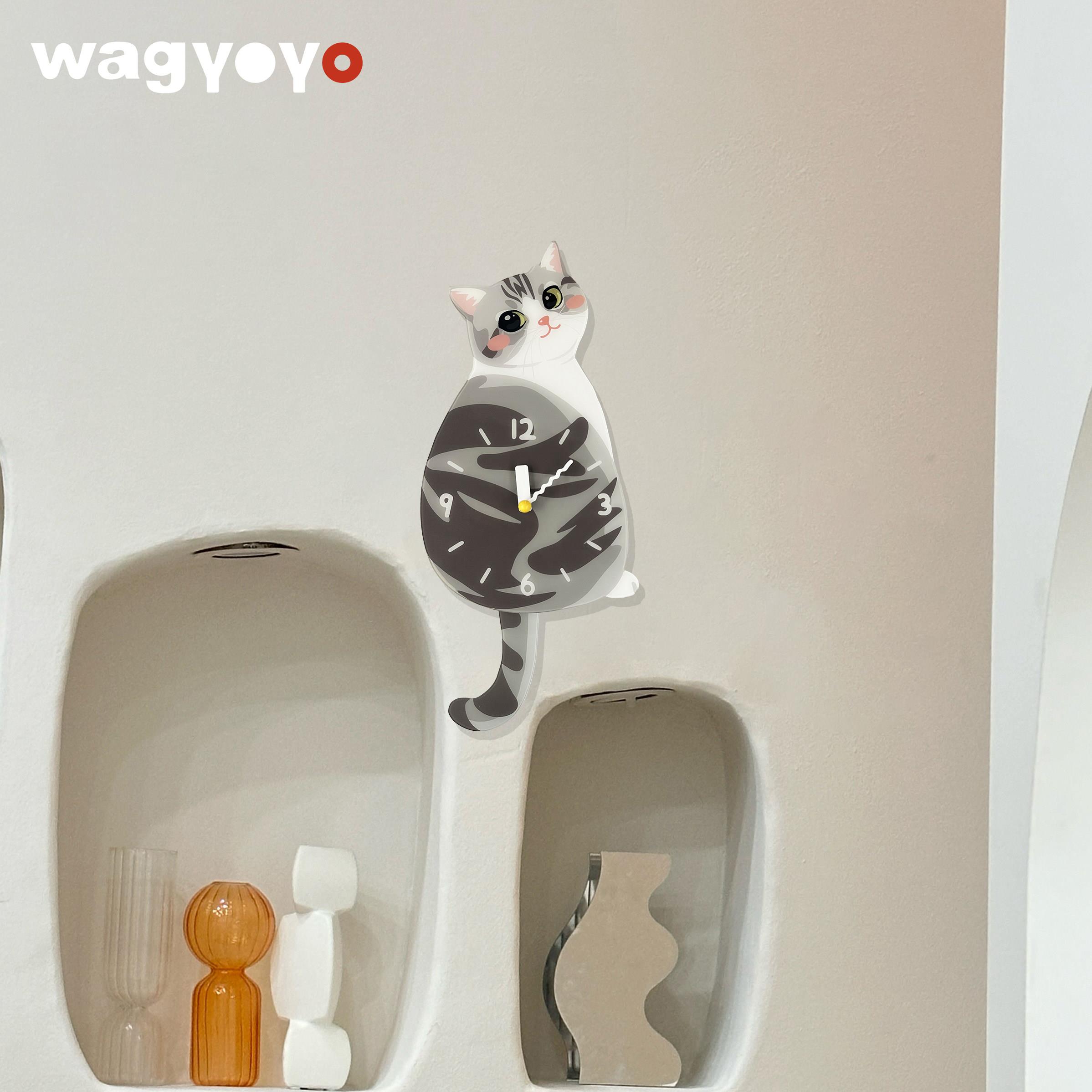 原创美短起司猫挂钟小猫挂钟尾巴可摇摆创意钟表乔迁礼物静音挂钟