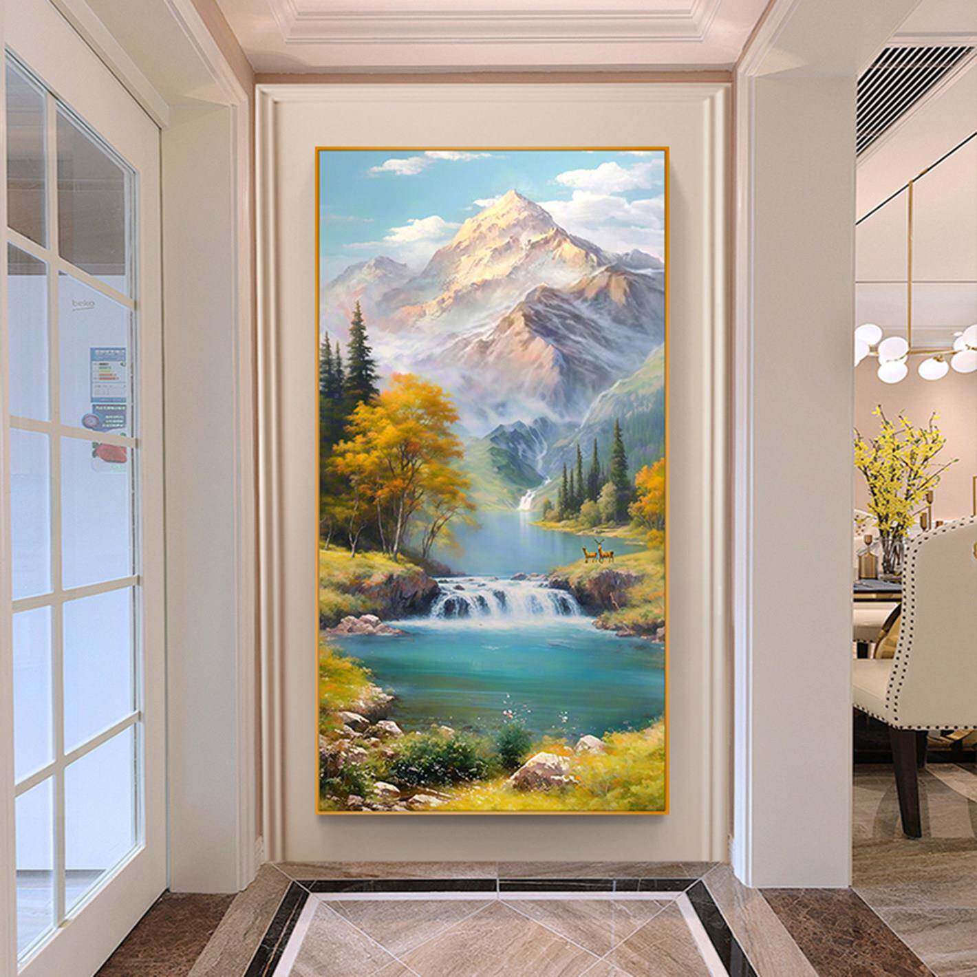 手绘油画高山流水新中式金山聚宝盆风景装饰画高级感玄关走廊挂画