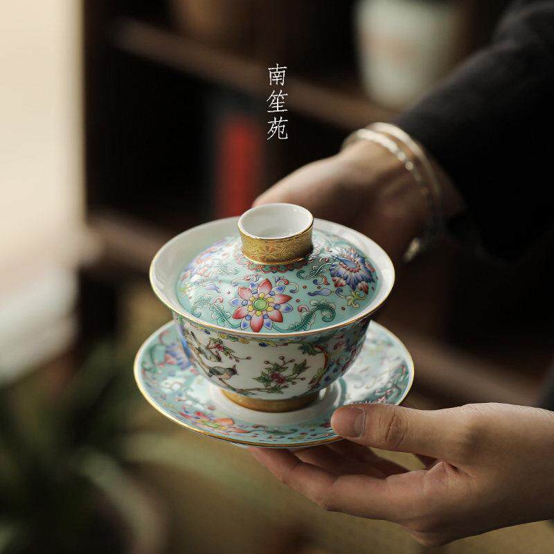 中式覆古珐瑯彩八宝茶三才盖碗单个家用功夫茶具普洱茶泡茶碗大号