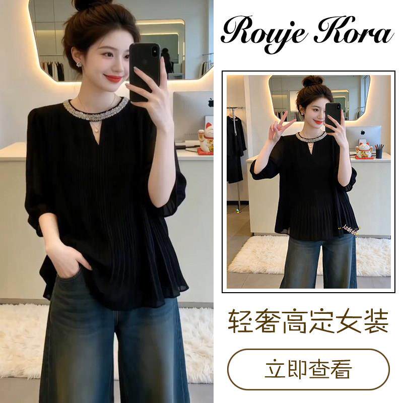 Rouje Kora法式重工镶钻雪纺衫女士夏季宽松短袖衬衫通勤圆领上衣