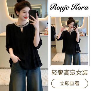 Rouje Kora法式重工镶钻雪纺衫女士夏季宽松短袖衬衫通勤圆领上衣