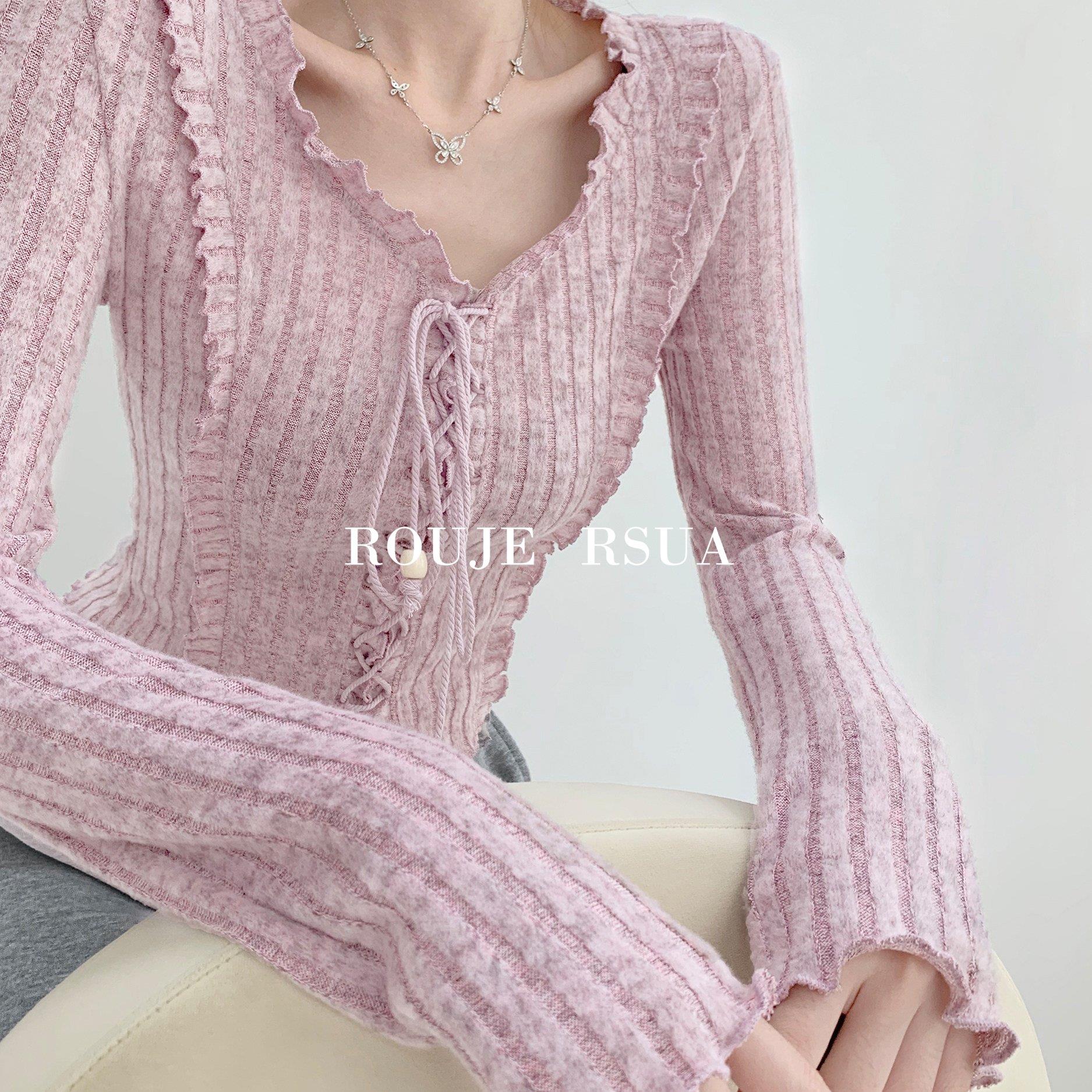 ROUJE RSUA法式交叉绑带长袖打底衫女V领木耳边短款显瘦针织上衣