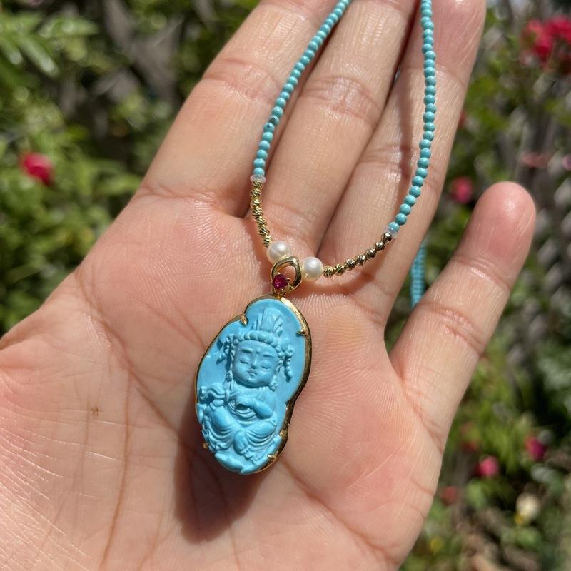 原矿高瓷蓝绿松佛公吊坠18k金镶嵌锁骨链坠挂件33.8×17.5×9.7mm