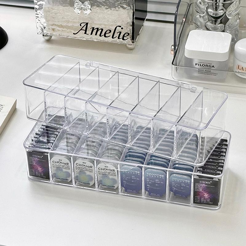 日抛美瞳收纳盒透明防尘分格隐形眼镜整理盒桌面亚克力翻盖置物架