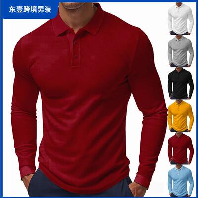 Men Color Sleeve Waffle Knit Collared Tee Casual Comfy shirt