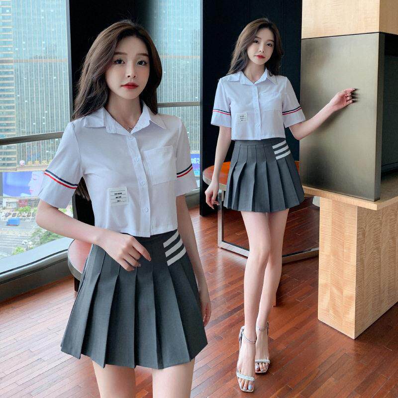 足疗店新款学院风制服减龄两件套女夏季衬衫百褶裙足浴技师工作服