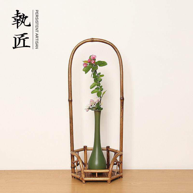中式茶室装饰摆件手工竹制茶台玄关桌面饰品花瓶插花陶瓷瓶凉炉架