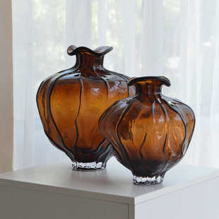 色收口摆件酒店装设咖插花花瓶高级计玻璃软水滴浮雕感条纹奢轻