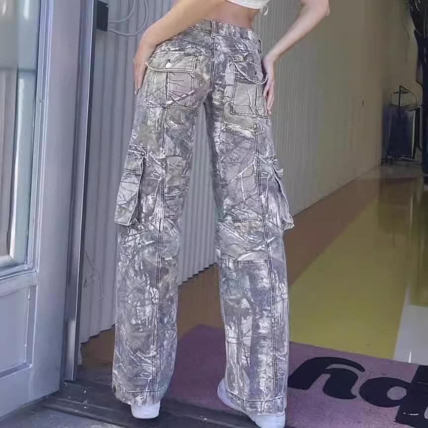 camouflage jeans men women old washed wide leg retro loose