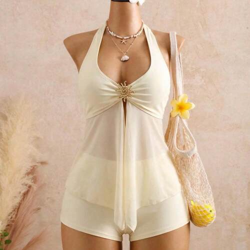 Women Beige Halter Neck Top with Front Knot and Keyhole