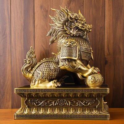朱炳仁铜纯黄铜麒麟公母一对摆件聚财纳福麒麟客厅玄关家居办公桌