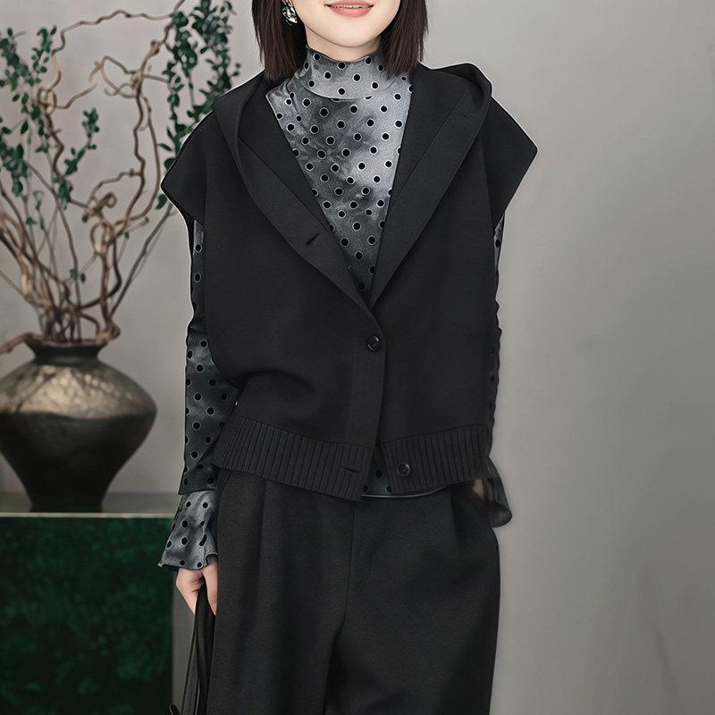 极速设计感单排扣休闲连帽针织马夹女装春季新款v领黑色外穿马甲