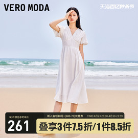 Vero Moda连衣裙2023夏季优雅浪漫度假V领短袖白色中长裙▲