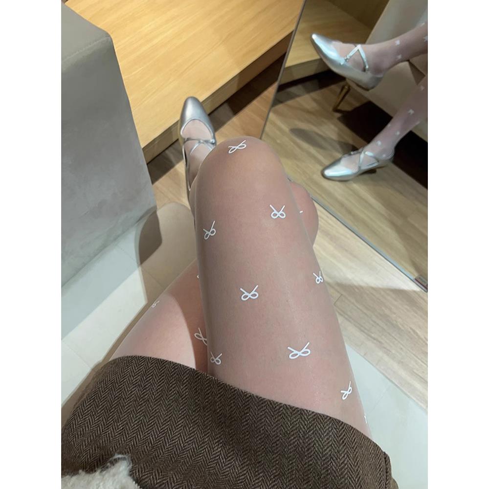 日本TB复古穿搭蝴蝶结印花丝袜春秋白色打底裤袜天鹅绒防勾丝薄款