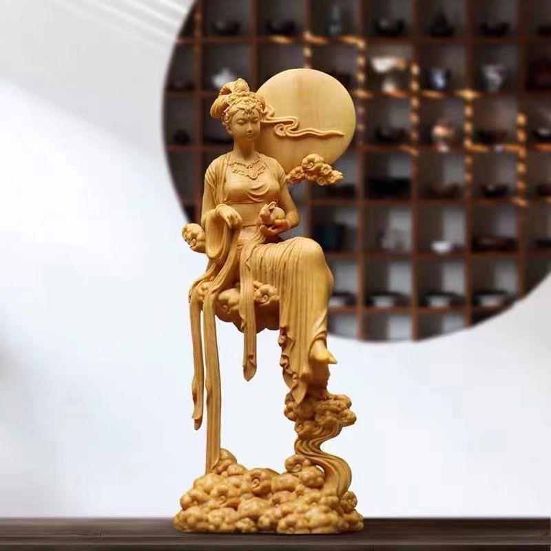 太行崖柏嫦娥奔月摆件古代神话美人实木雕刻嫦娥抱兔中式客厅饰品