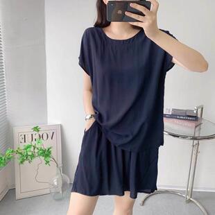 薄款 人造棉家居服两件式 大尺码 短裤 套 短袖 青年棉绸纯色睡衣女夏季