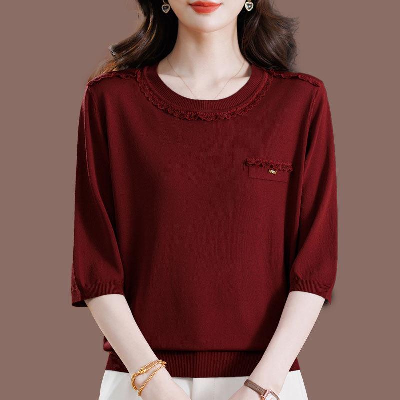 夏季时尚洋气外穿桑蚕丝T恤女短款大码宽松薄款半袖冰丝针织上衣