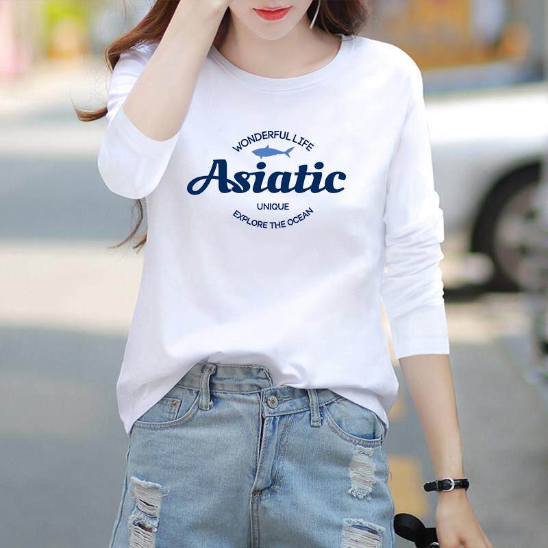 2026年春季棉质白色长袖t恤女宽松显瘦小个子百搭圆领上衣服ins潮