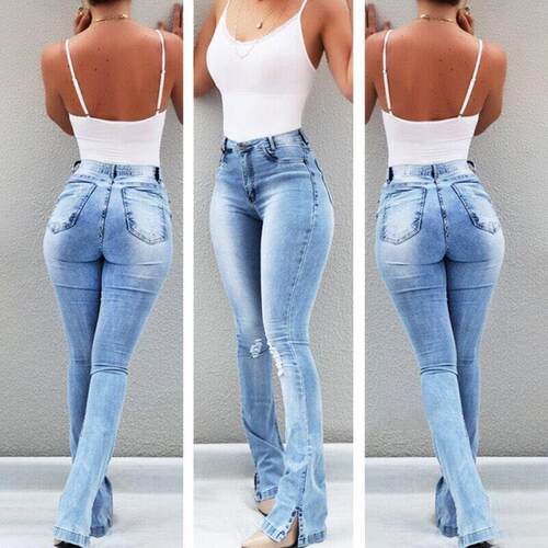Elastic slit horn high waisted jeans for women, long