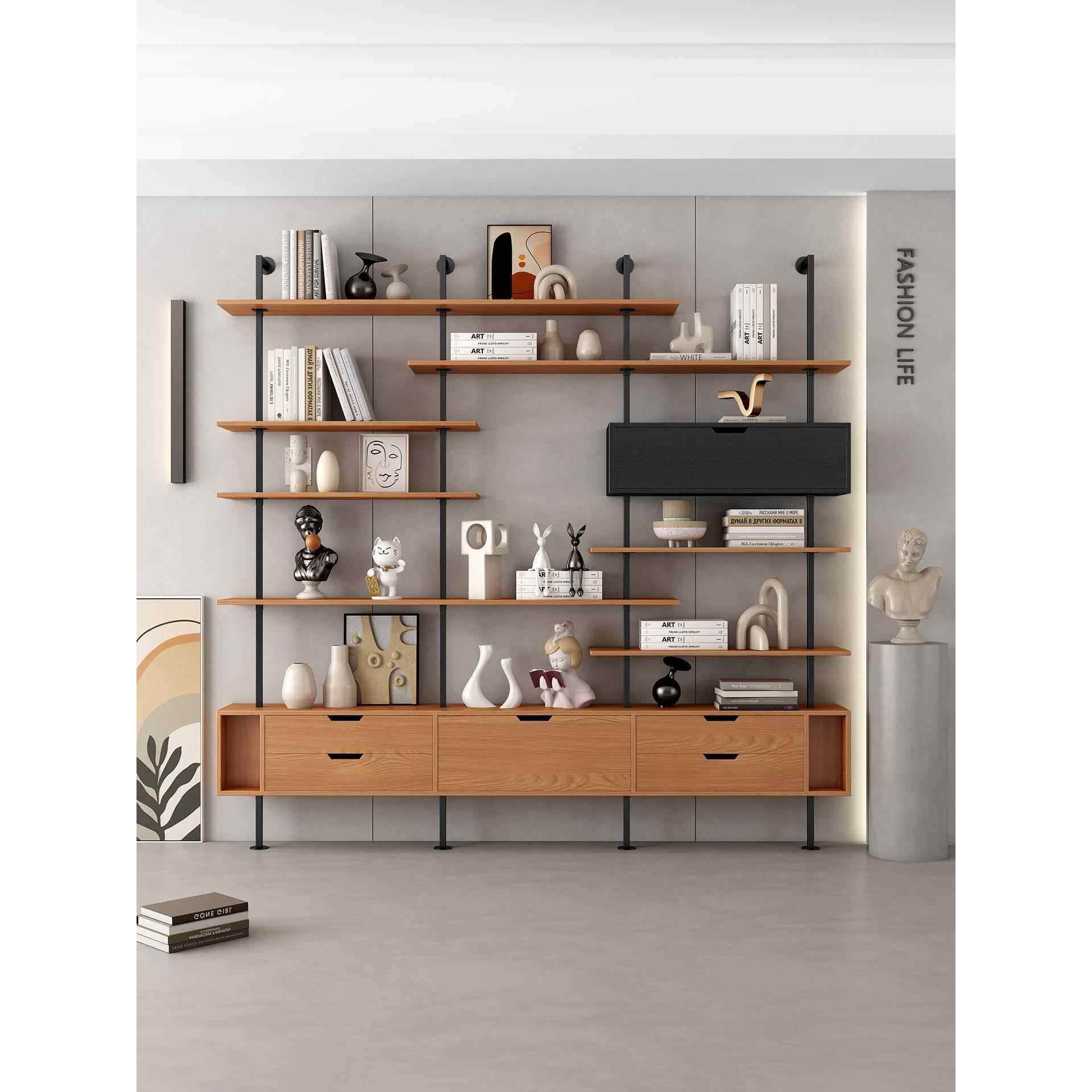 书架一体靠室上墙书架墙落地客厅景柜书办公可调节带灯背房储物收