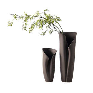 侘寂简约棕色宽口陶瓷花器摆件样板间售楼处客厅餐厅玄关桌面装 饰