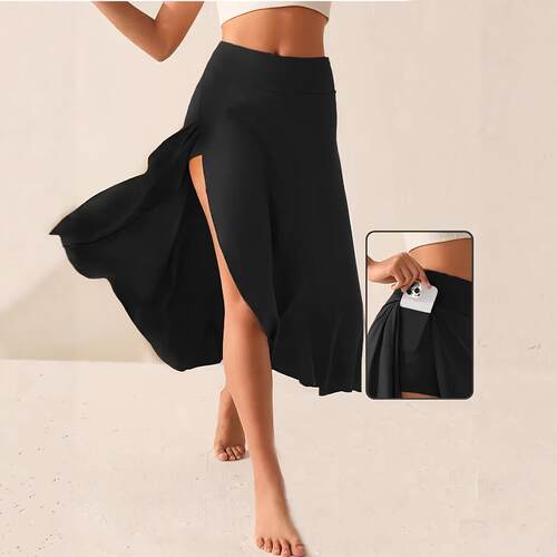 Large size midi skirt with high waist and side slit sports