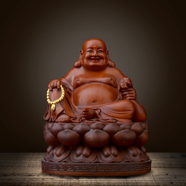 佛学在线大肚弥勒佛像，笑佛摆件中式家居，雕刻木质工艺品弥勒菩萨