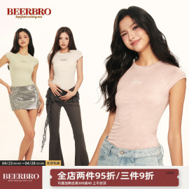 BeerBro 美式复古辣妹银丝面料插肩袖修身显瘦打底短袖T恤女上衣