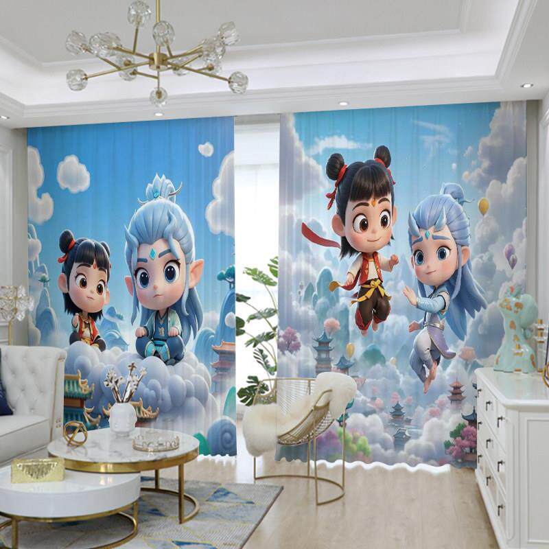 哪咤敖丙主题图案遮光窗帘儿童房卧室卡通布帘搞笑励志标语隔断窗