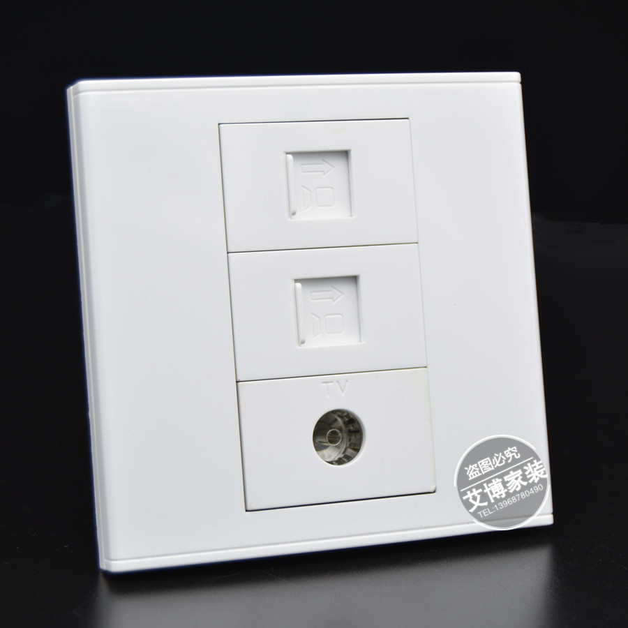 86型直通双网络电脑TV有线插座面板 2个超5类直插网线+TV电视插座