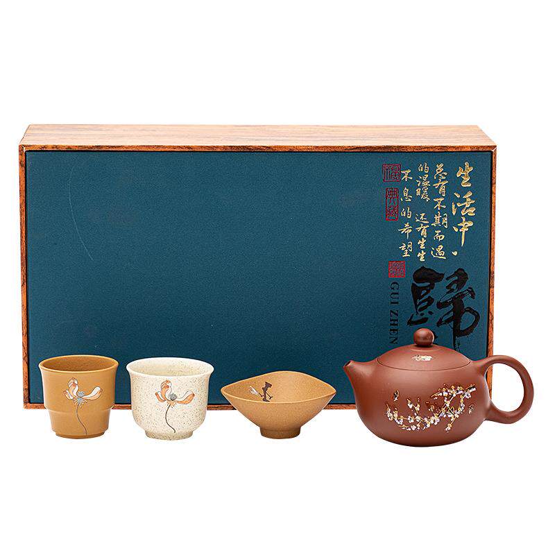 紫砂梅花西施壶套组复古陶瓷手工泥绘泡茶壶茶杯功夫茶具礼盒装