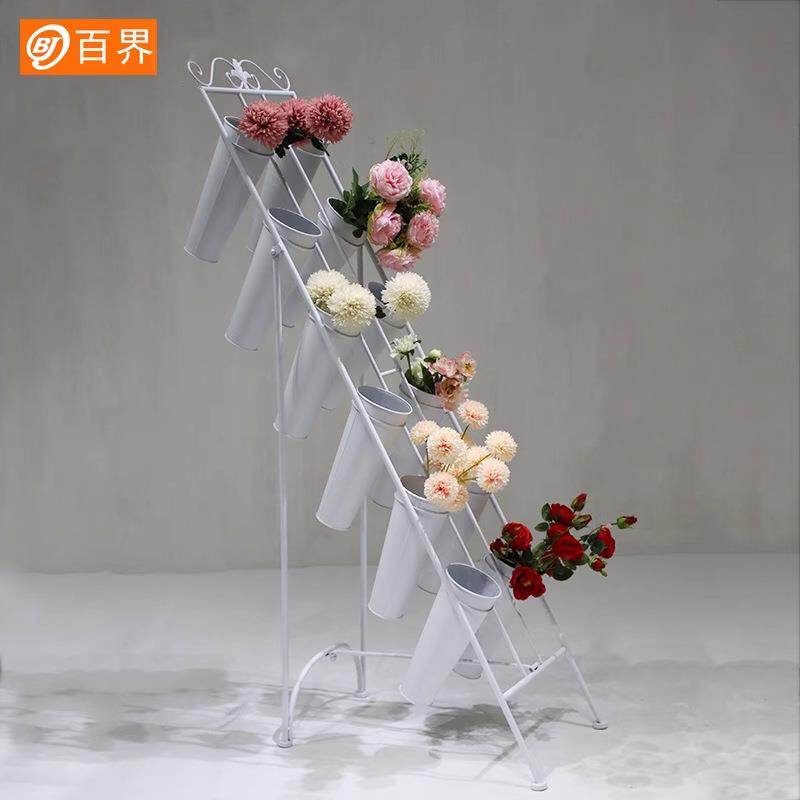 花店鲜花示架多展层阶铁艺架子户外花养花桶插花筒梯BJ202505落地