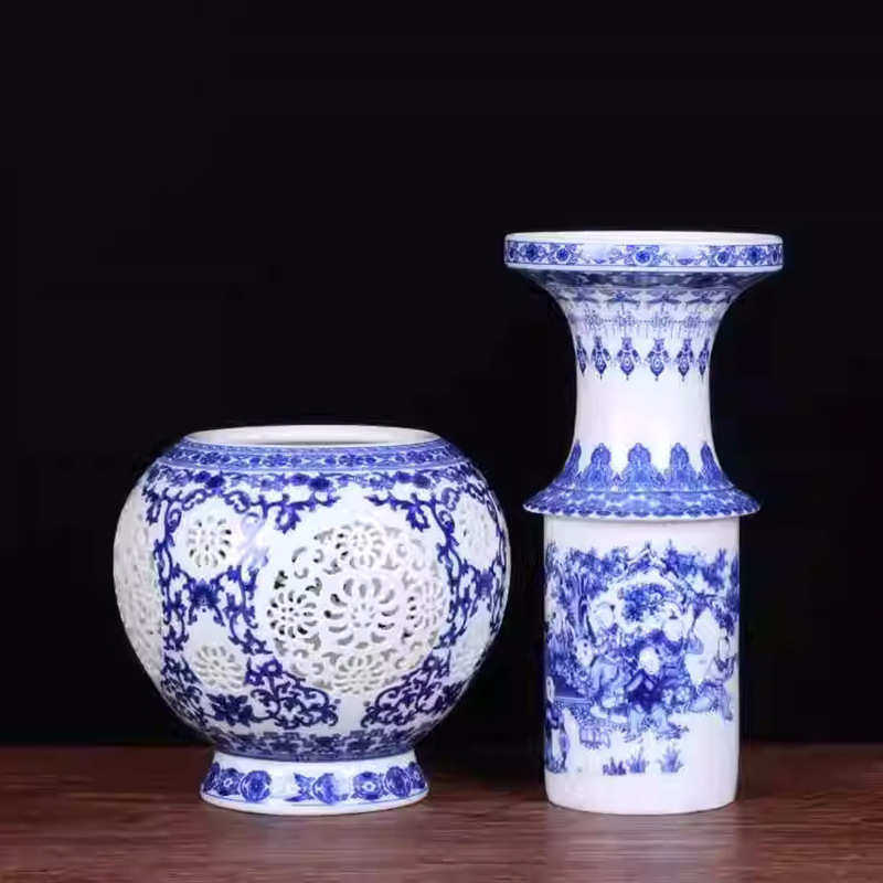 景德镇陶瓷器雕刻双层镂空青花粉彩花瓶中式客厅家居工艺品装饰摆