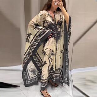 度假风连衣裙女NQ6019 复古印花V领宽松大码 跨境欧美2025新款 秋季