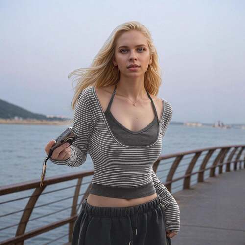 Women's Striped Halter Neck Crop Top & Long Sleeve T-Shirt