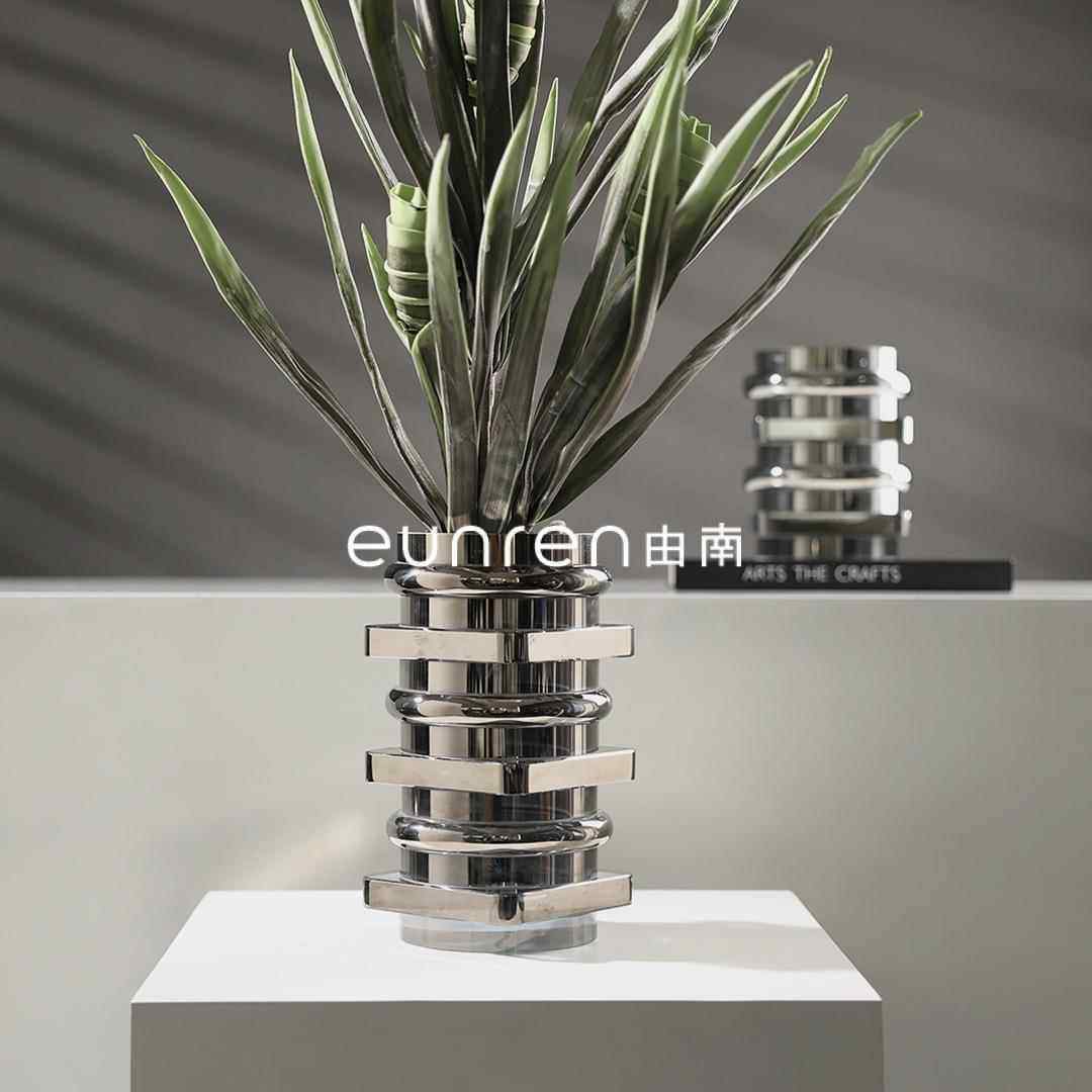 现代简约银色玻璃叠层花瓶客厅插花摆件软装饰品样板房间轻奢花器