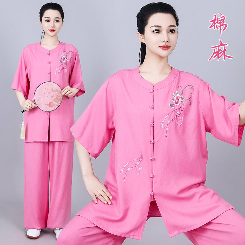 新款麻刺绣夏季太极服女短袖练功服中老年八段锦晨练武术服套装