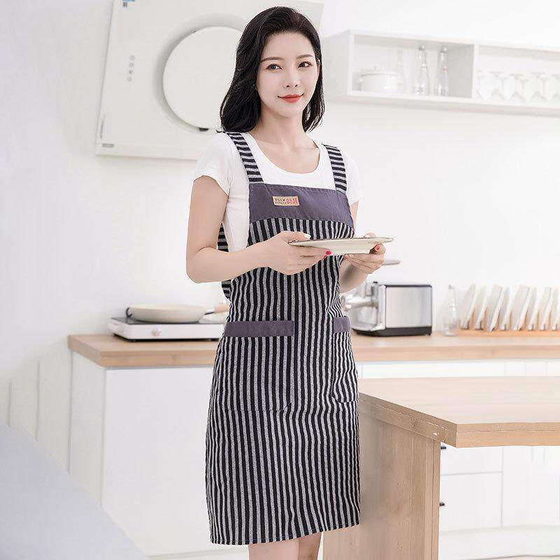 夏季简约时尚棉布透气围裙家用厨房做饭薄款背带上班服围腰女