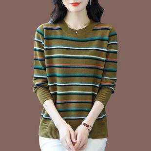 胖mm加大码针织桑蚕丝T恤女宽松妈妈装时尚条纹冰丝长袖圆领遮肉